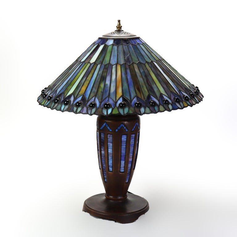 Arts & Crafts Leaded Stained Glass Table Lamp 20thC