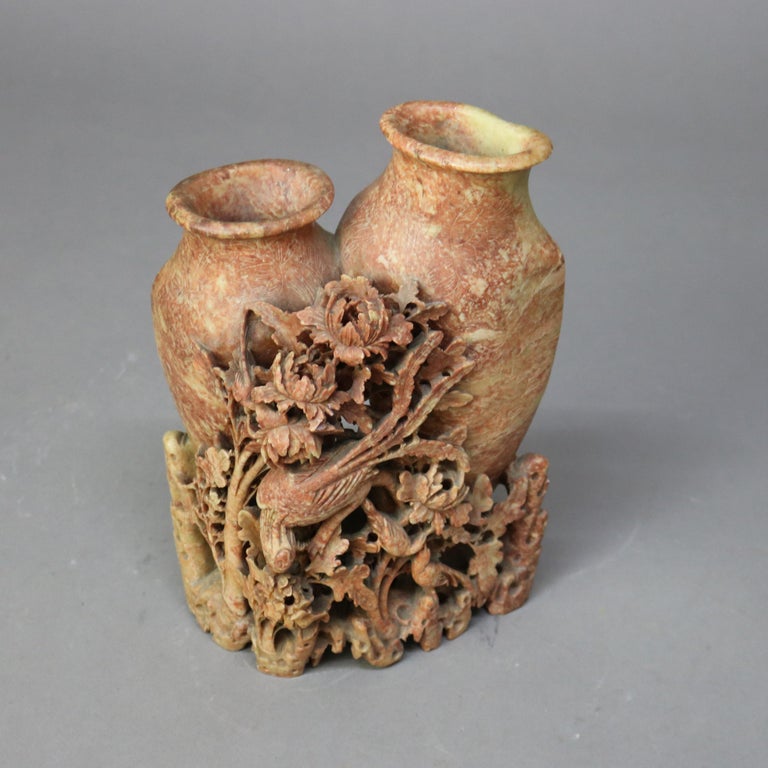 Antique Chinese Figural & Floral Carved Red Soapstone Double Vase C1920