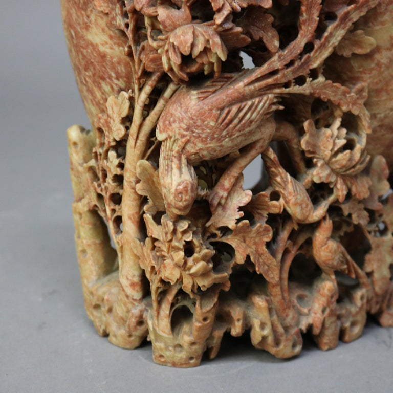 Antique Chinese Figural & Floral Carved Red Soapstone Double Vase C1920