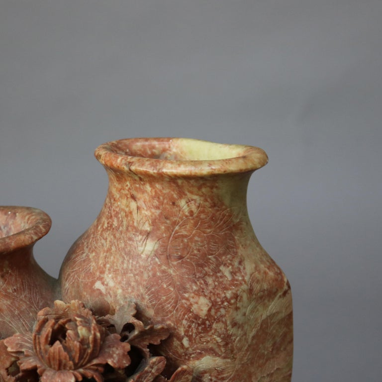 Antique Chinese Figural & Floral Carved Red Soapstone Double Vase C1920