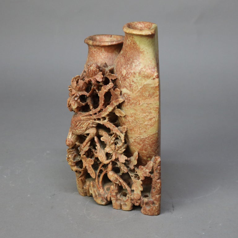 Antique Chinese Figural & Floral Carved Red Soapstone Double Vase C1920