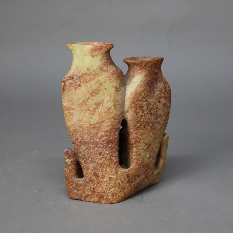 Antique Chinese Figural & Floral Carved Red Soapstone Double Vase C1920