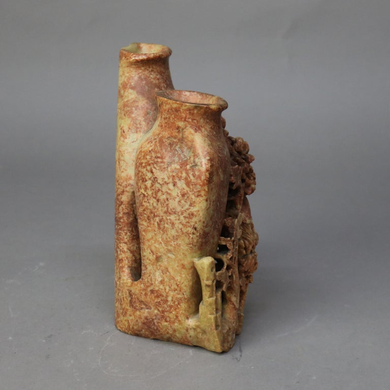 Antique Chinese Figural & Floral Carved Red Soapstone Double Vase C1920