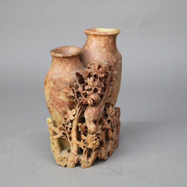 Antique Chinese Figural & Floral Carved Red Soapstone Double Vase C1920