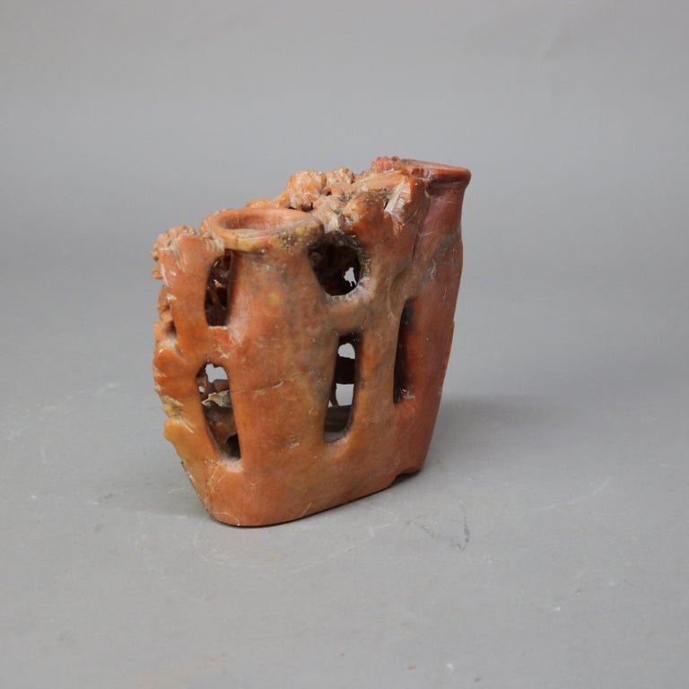 Antique Chinese Figural Floral Carved Red Soapstone Double Vase C1920