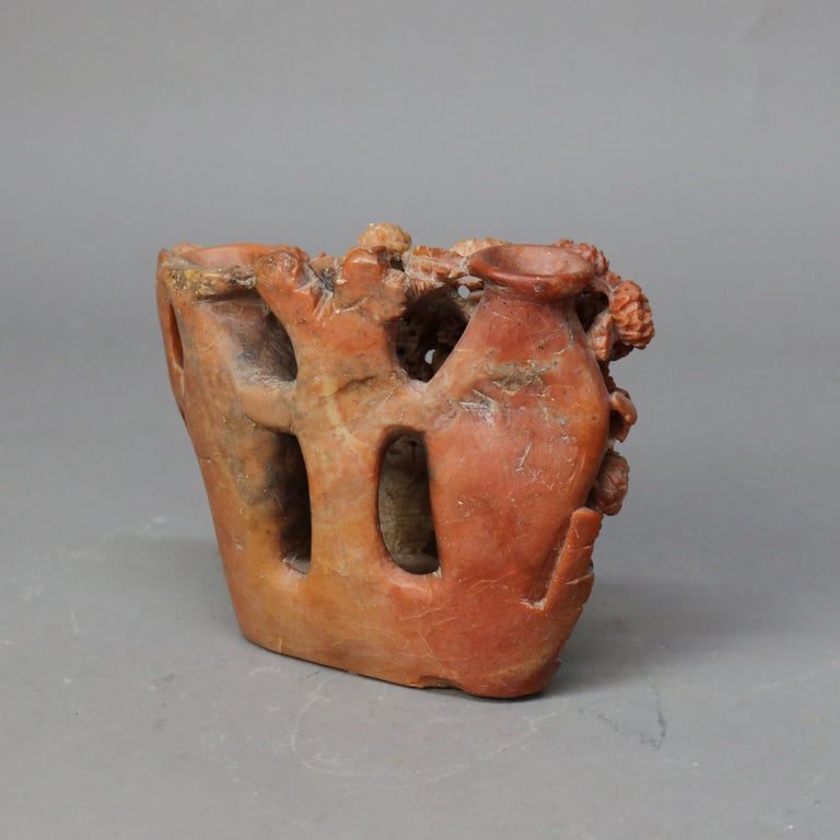 Antique Chinese Figural Floral Carved Red Soapstone Double Vase C1920