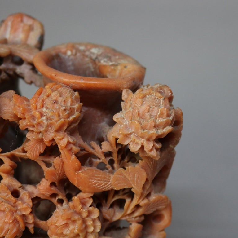 Antique Chinese Figural Floral Carved Red Soapstone Double Vase C1920