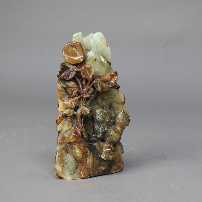 Antique Chinese Figural Carved Emerald Onyx with Fu Dogs & Foliage c1920
