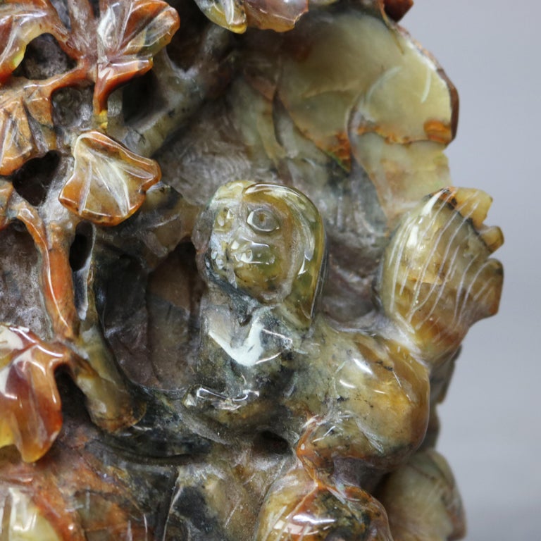 Antique Chinese Figural Carved Emerald Onyx with Fu Dogs & Foliage c1920