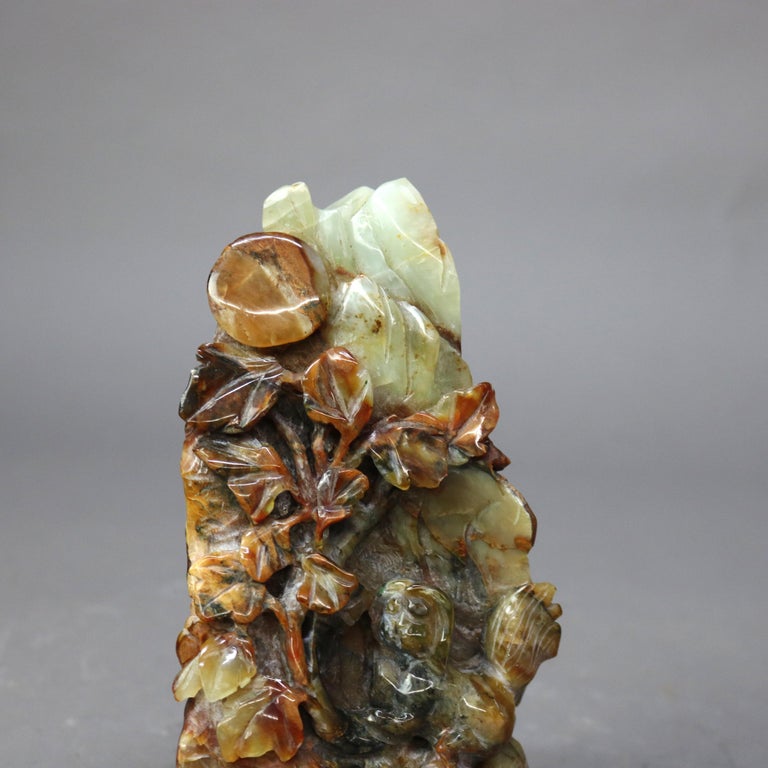 Antique Chinese Figural Carved Emerald Onyx with Fu Dogs & Foliage c1920