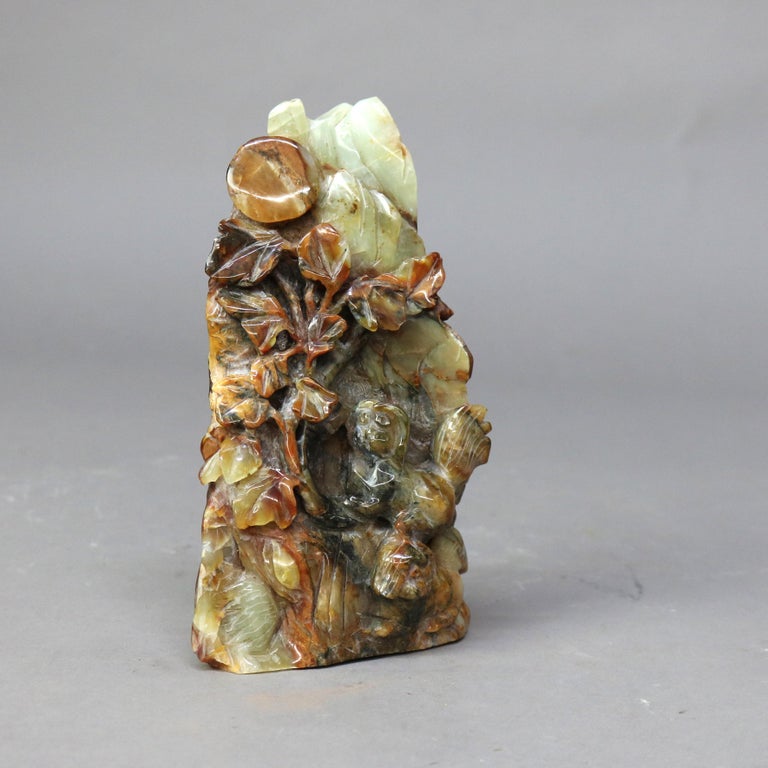 Antique Chinese Figural Carved Emerald Onyx with Fu Dogs & Foliage c1920