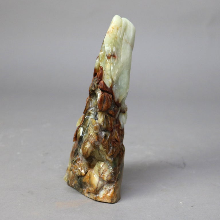 Antique Chinese Figural Carved Emerald Onyx with Fu Dogs & Foliage c1920