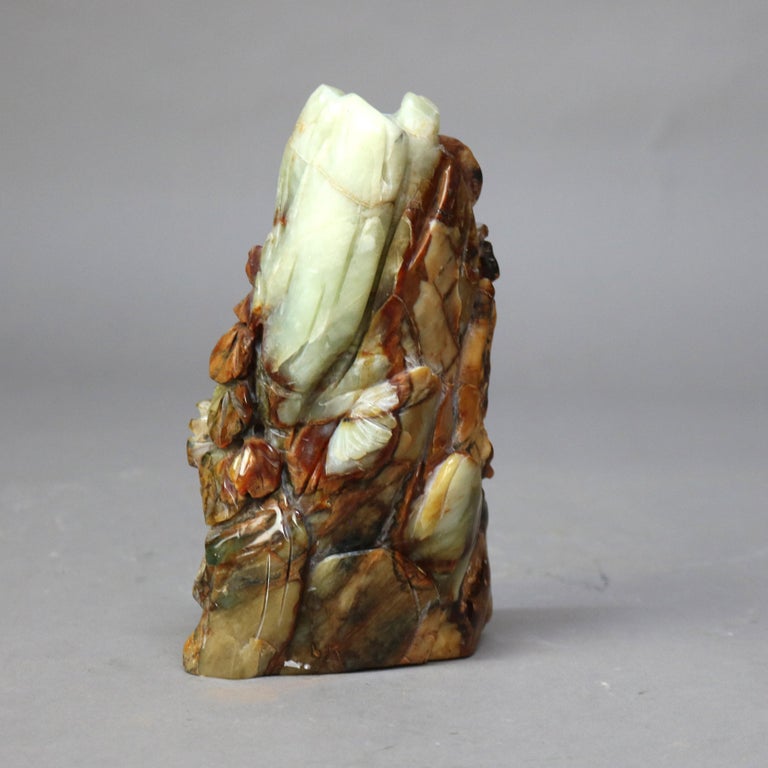 Antique Chinese Figural Carved Emerald Onyx with Fu Dogs & Foliage c1920