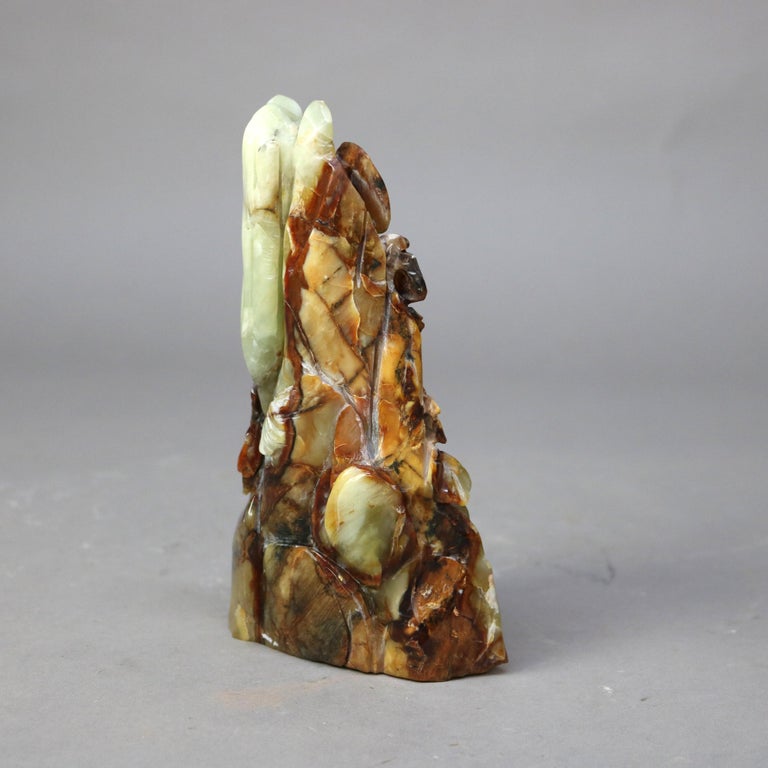 Antique Chinese Figural Carved Emerald Onyx with Fu Dogs & Foliage c1920