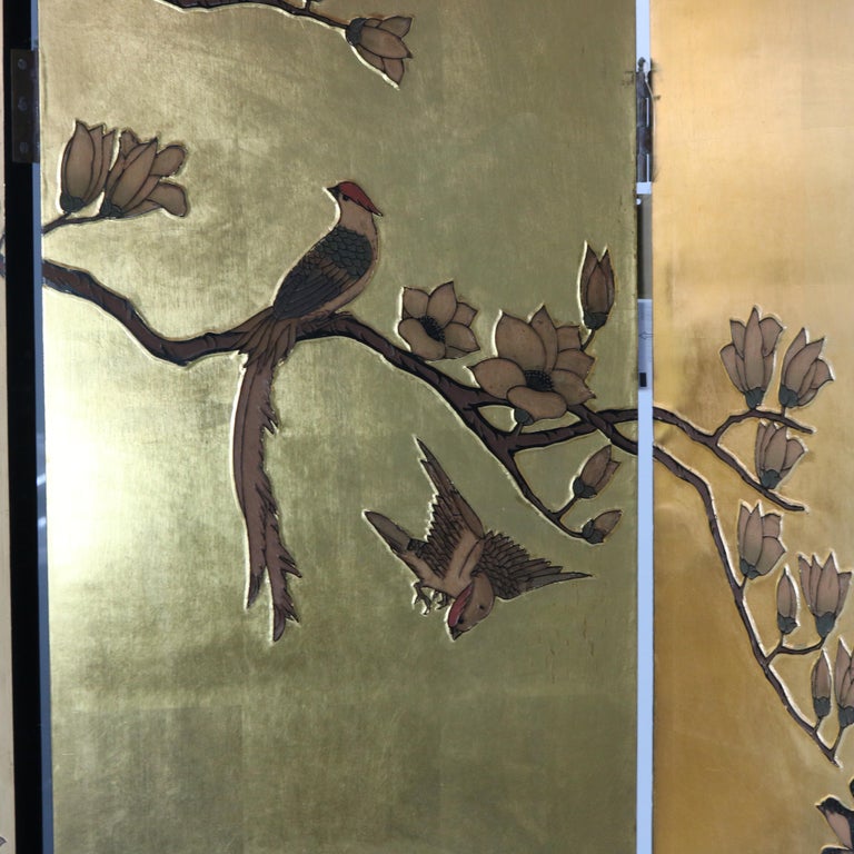 Vintage Japanese Black Lacquered, Gilt & Polychromed Four Panel Folding Screen