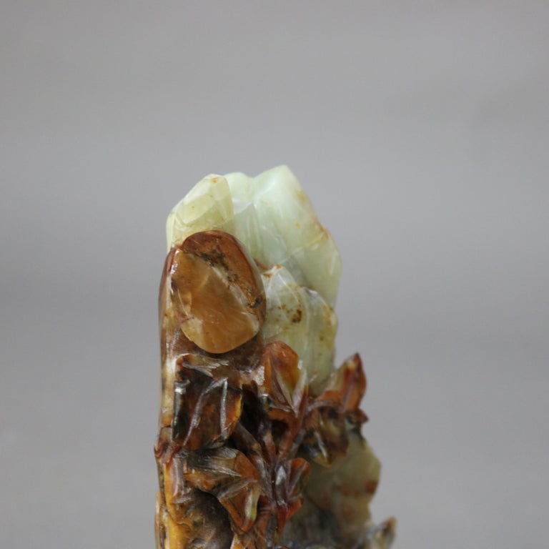 Antique Chinese Figural Carved Emerald Onyx with Fu Dogs & Foliage c1920