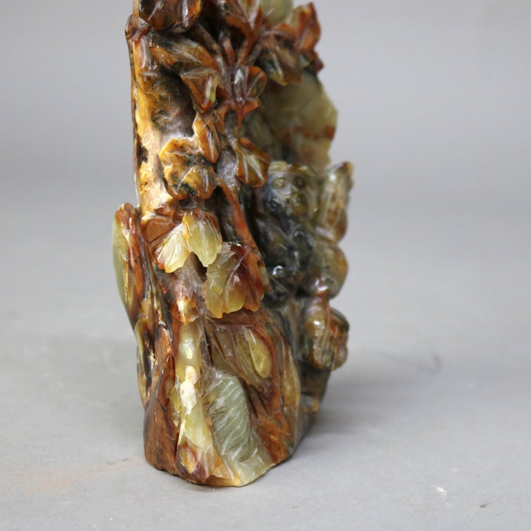 Antique Chinese Figural Carved Emerald Onyx with Fu Dogs & Foliage c1920