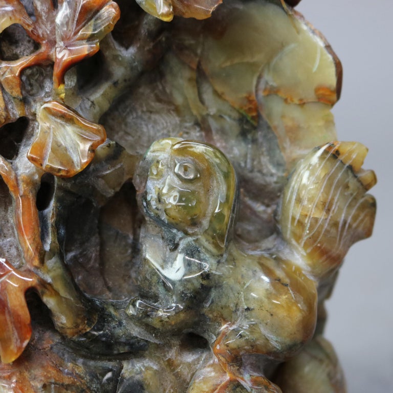Antique Chinese Figural Carved Emerald Onyx with Fu Dogs & Foliage c1920