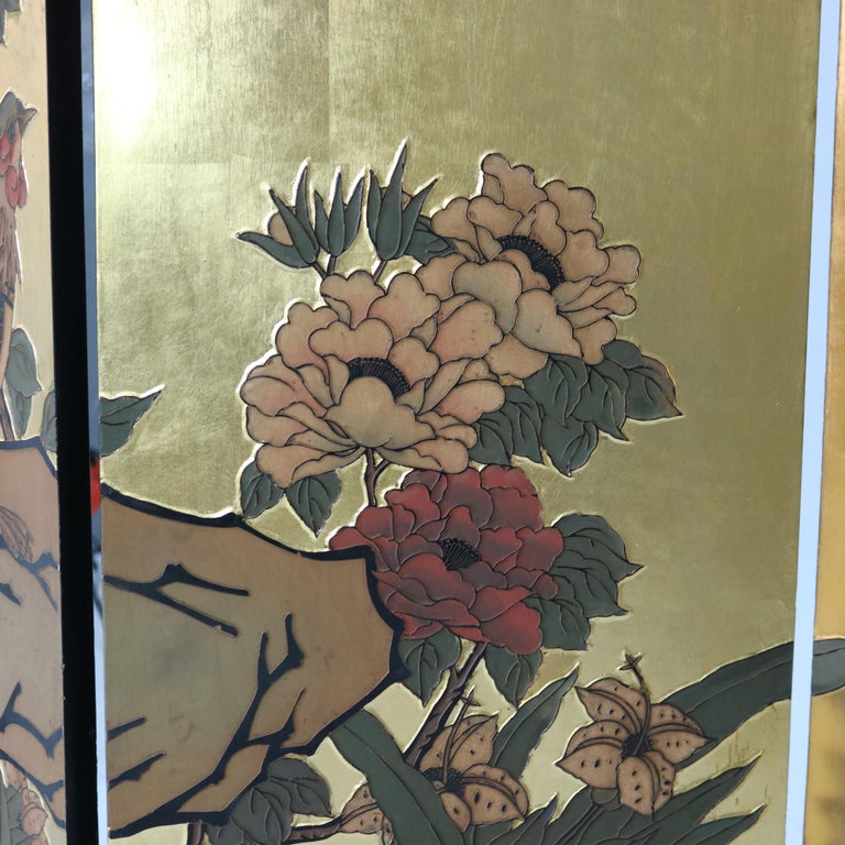 Vintage Japanese Black Lacquered, Gilt & Polychromed Four Panel Folding Screen