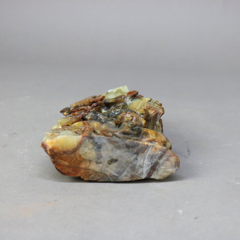Antique Chinese Figural Carved Emerald Onyx with Fu Dogs & Foliage c1920