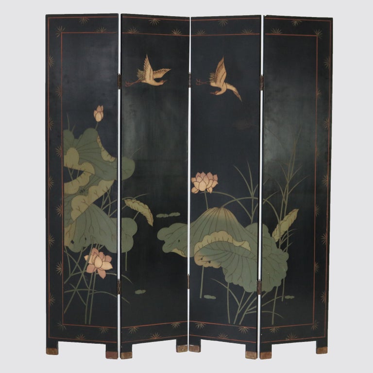 Vintage Japanese Black Lacquered, Gilt & Polychromed Four Panel Folding Screen