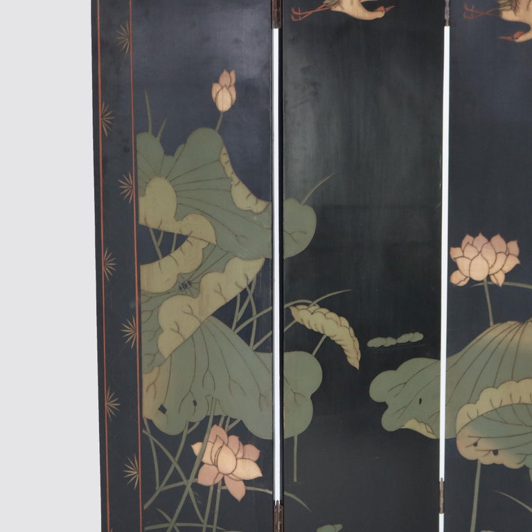 Vintage Japanese Black Lacquered, Gilt & Polychromed Four Panel Folding Screen