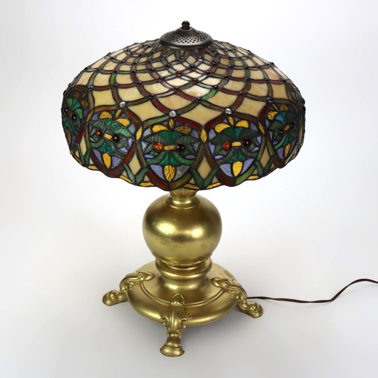Arts & Crafts Leaded Stained Glass Table Lamp 20thC