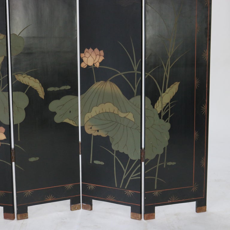 Vintage Japanese Black Lacquered, Gilt & Polychromed Four Panel Folding Screen