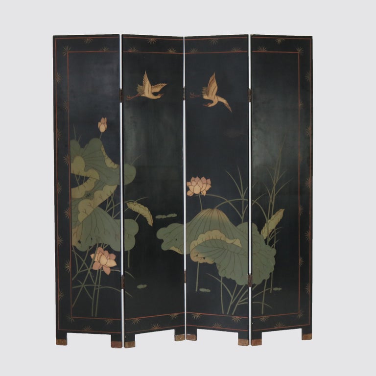 Vintage Japanese Black Lacquered, Gilt & Polychromed Four Panel Folding Screen