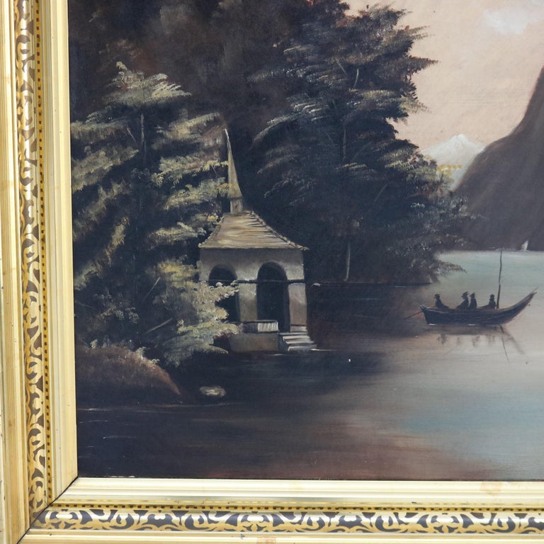 Antique Thomas Chambers School Oil on Canvas Lake Scene by Julia Cramer Gerling