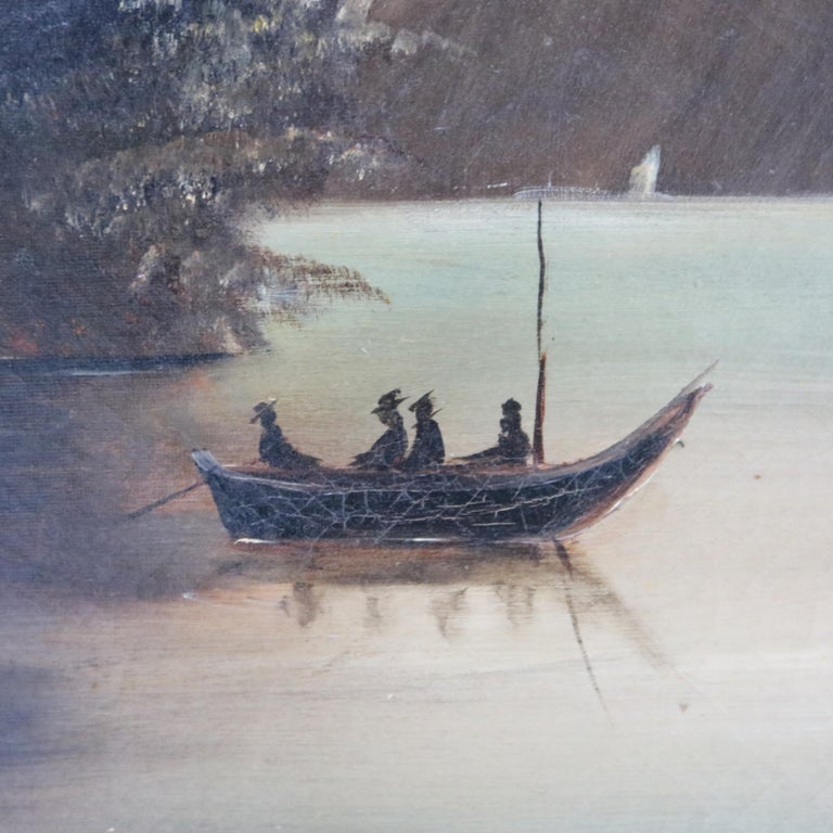 Antique Thomas Chambers School Oil on Canvas Lake Scene by Julia Cramer Gerling