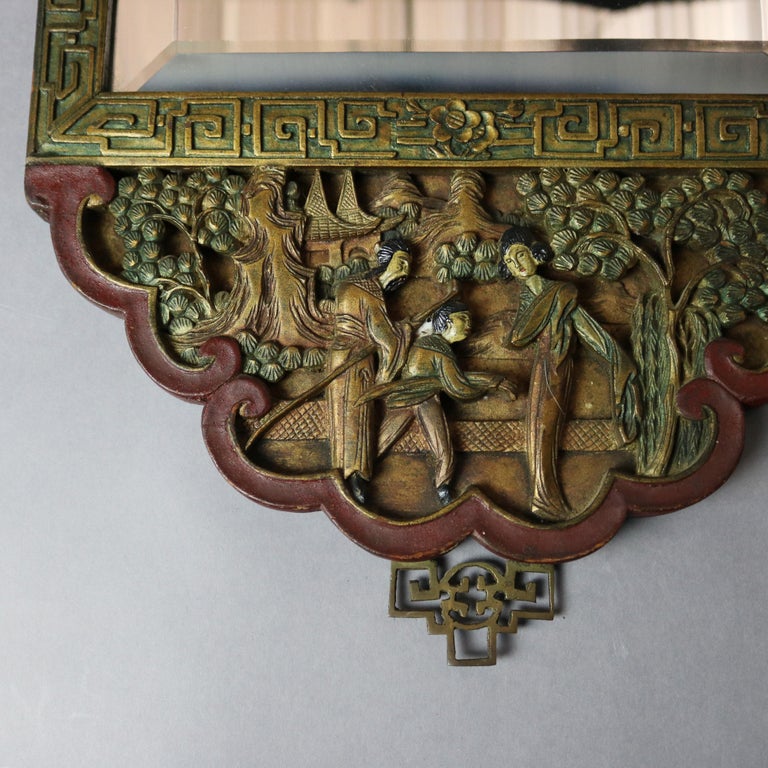 Antique Asian Chinoiserie Decorated Carved in Relief & Polychromed Mirror 20th C