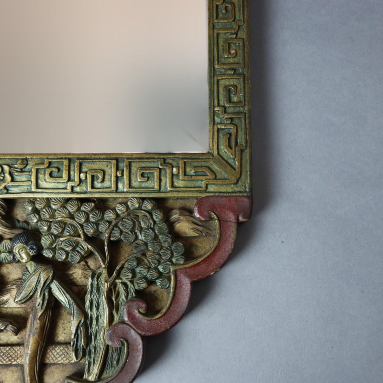 Antique Asian Chinoiserie Decorated Carved in Relief & Polychromed Mirror 20th C