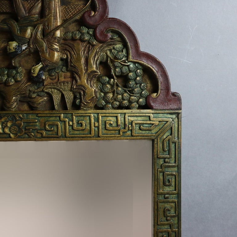 Antique Asian Chinoiserie Decorated Carved in Relief & Polychromed Mirror 20th C