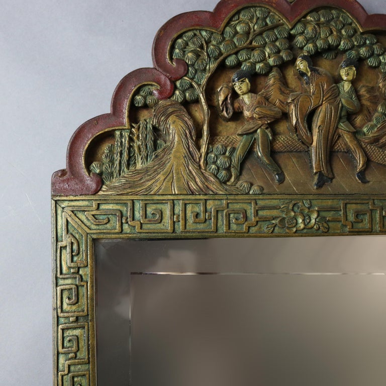 Antique Asian Chinoiserie Decorated Carved in Relief & Polychromed Mirror 20th C