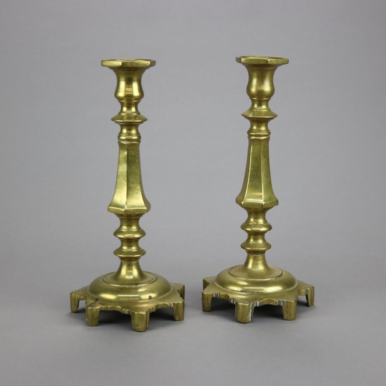 Antique Pair of Early American Brass Balustrade Footed Candlesticks 19th C
