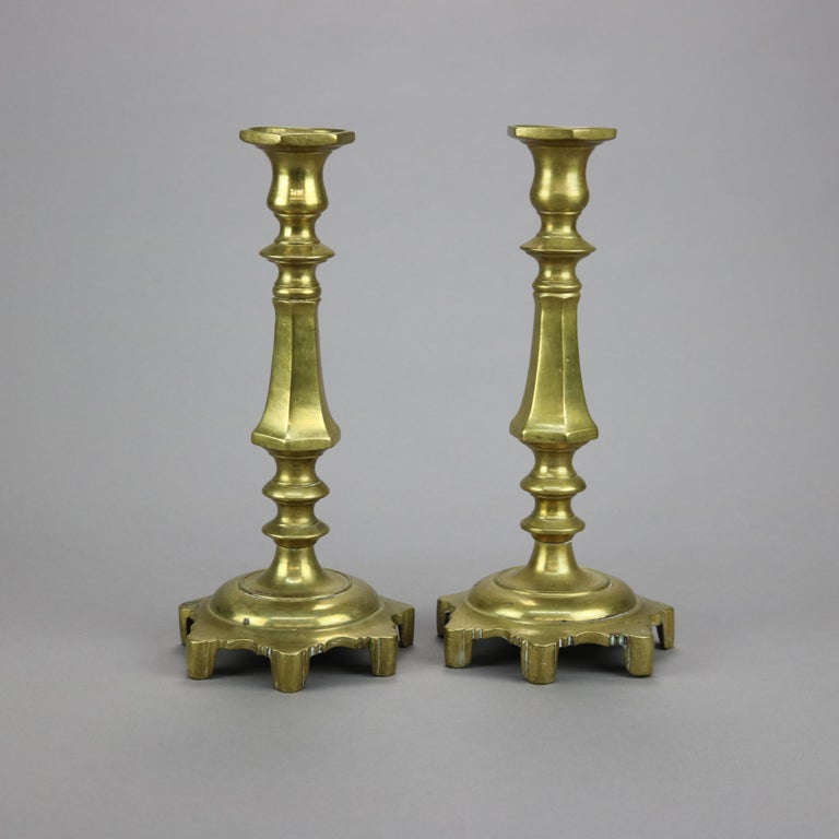 Antique Pair of Early American Brass Balustrade Footed Candlesticks 19th C
