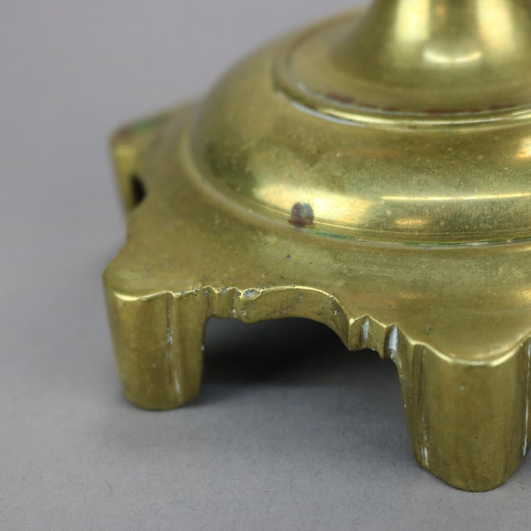 Antique Pair of Early American Brass Balustrade Footed Candlesticks 19th C