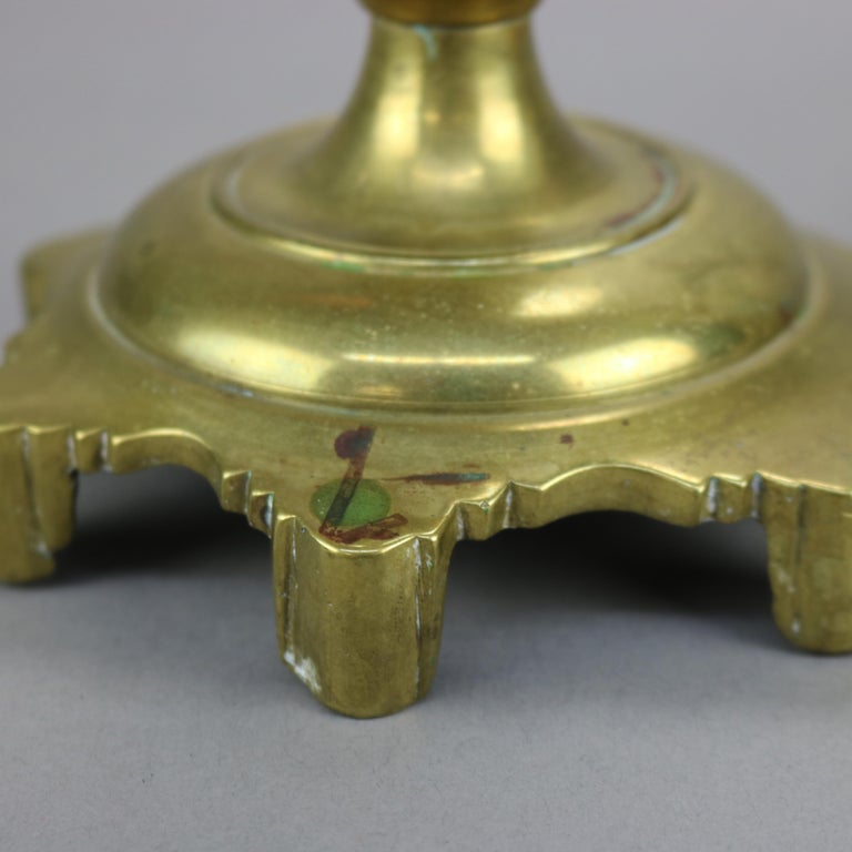 Antique Pair of Early American Brass Balustrade Footed Candlesticks 19th C