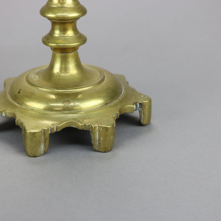 Antique Pair of Early American Brass Balustrade Footed Candlesticks 19th C