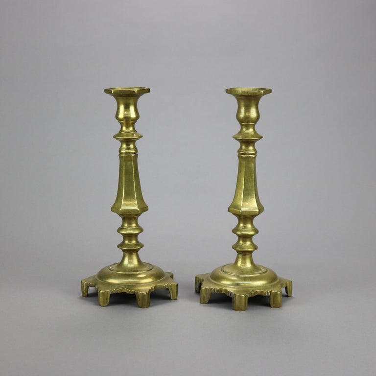 Antique Pair of Early American Brass Balustrade Footed Candlesticks 19th C