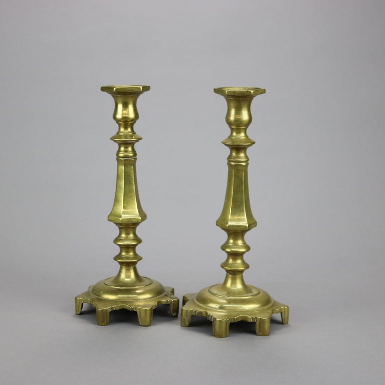 Antique Pair of Early American Brass Balustrade Footed Candlesticks 19th C