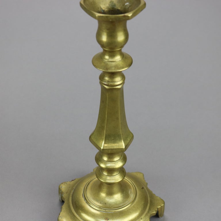 Antique Pair of Early American Brass Balustrade Footed Candlesticks 19th C