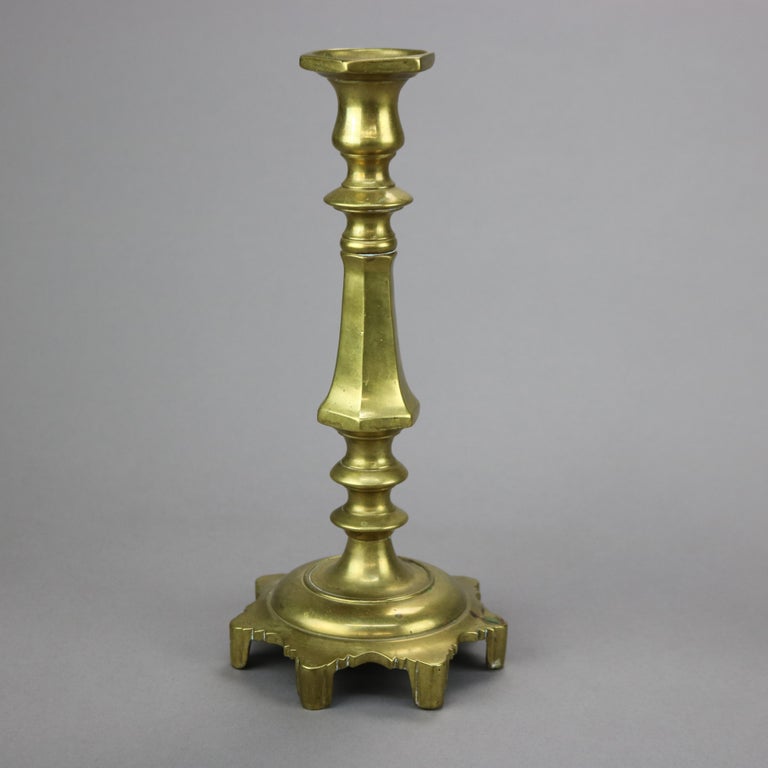 Antique Pair of Early American Brass Balustrade Footed Candlesticks 19th C