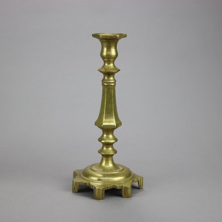 Antique Pair of Early American Brass Balustrade Footed Candlesticks 19th C
