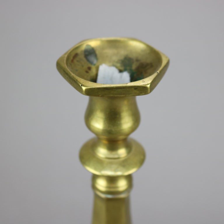 Antique Pair of Early American Brass Balustrade Footed Candlesticks 19th C
