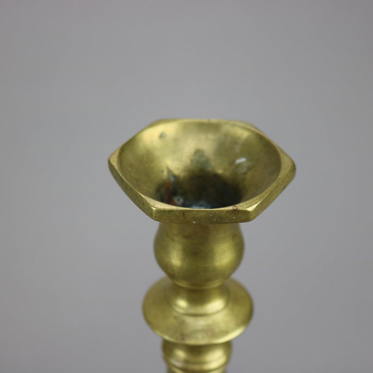 Antique Pair of Early American Brass Balustrade Footed Candlesticks 19th C