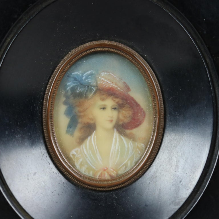 Antique Miniature Portrait Painting on Celluloid of a Young Lady Late 19th C