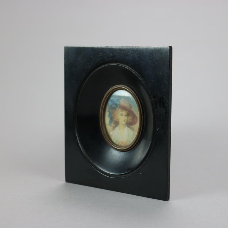 Antique Miniature Portrait Painting on Celluloid of a Young Lady Late 19th C
