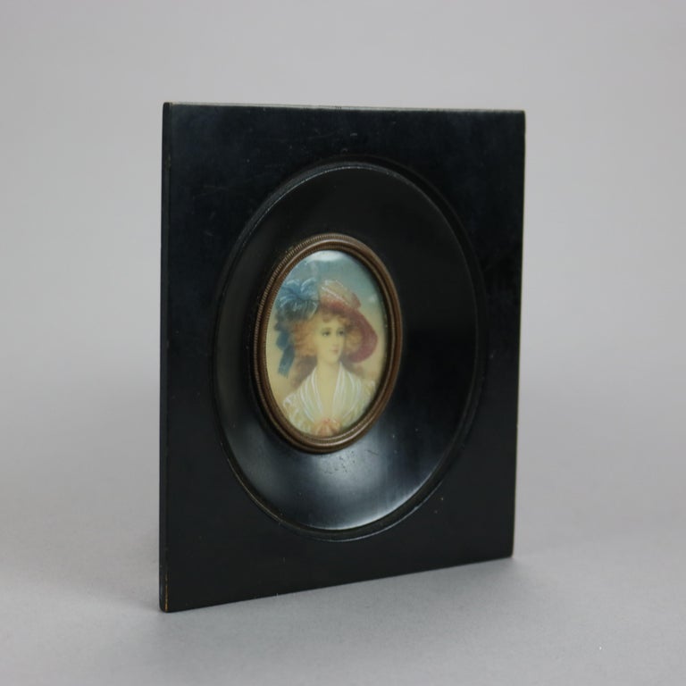 Antique Miniature Portrait Painting on Celluloid of a Young Lady Late 19th C